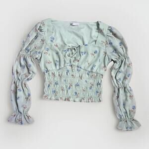 SO Floral Ruched Cropped Long Sleeve Top Sz L Fairy Cottage Coquette Romantic